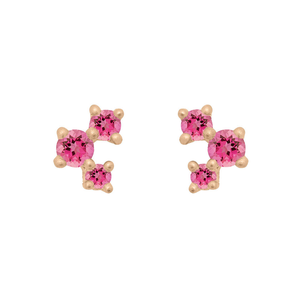 Pink Tourmaline and Gold Cluster Earrings - Unique Celestial Three Stone Studs Single By Valley Rose Ethical Jewelry