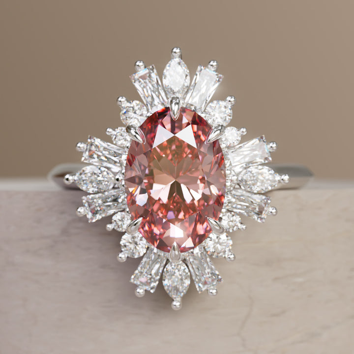 Cersei Oval Pink Lab Diamond Unique Vintage Halo Engagement Ring By Valley Rose