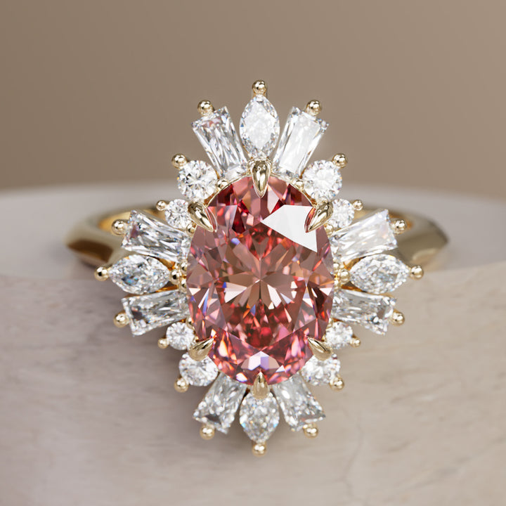 Cersei Oval Pink Lab Diamond Unique Vintage Halo Engagement Ring By Valley Rose
