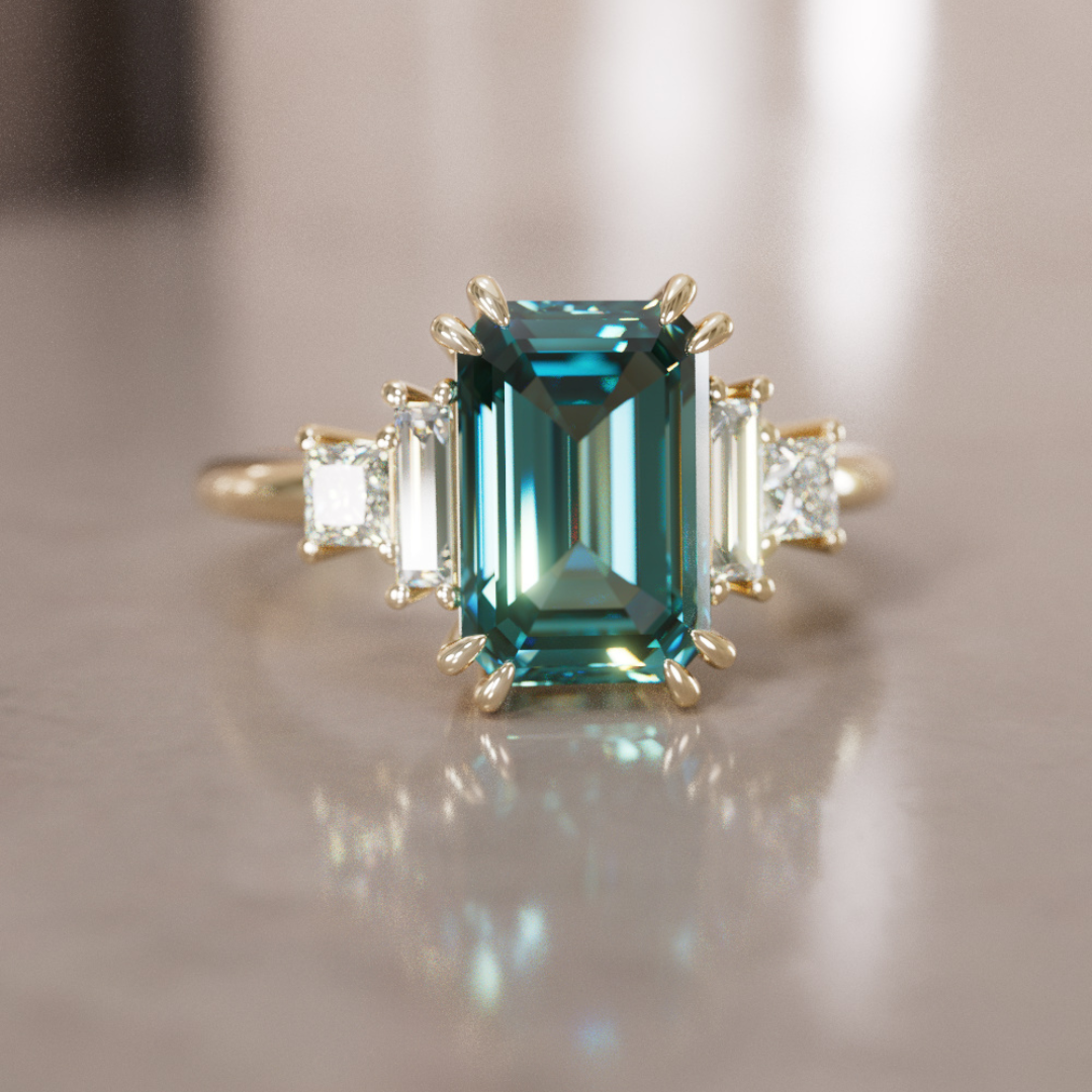 Christy Emerald Cut Teal Sapphire Unique Art Deco Engagement Ring By Valley Rose