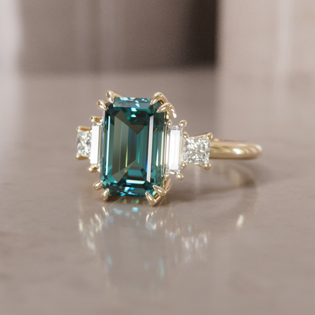 Christy Emerald Cut Teal Sapphire Unique Art Deco Engagement Ring By Valley Rose