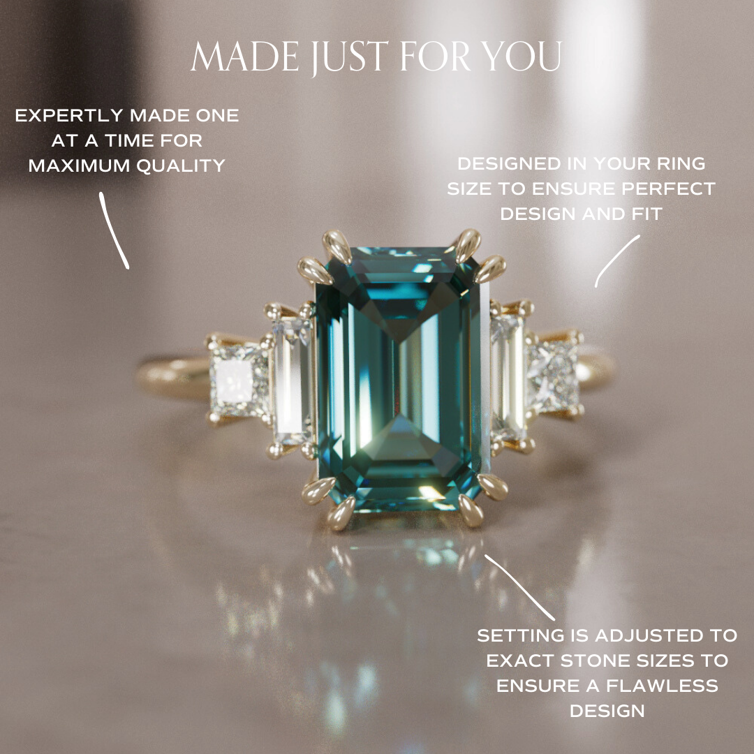 Christy Emerald Cut Teal Sapphire Unique Art Deco Engagement Ring By Valley Rose
