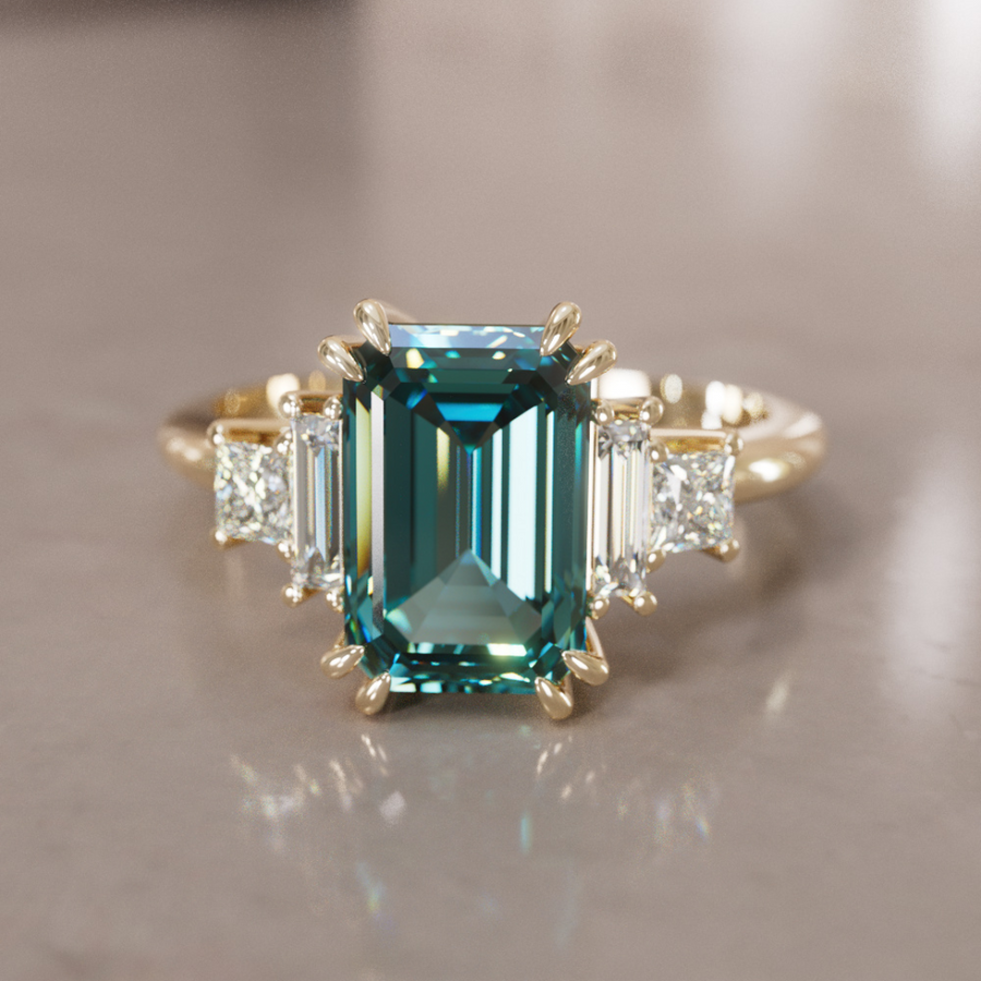 Christy Emerald Cut Teal Sapphire Unique Art Deco Engagement Ring By Valley Rose