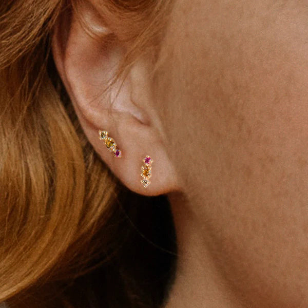 Colorful Pink & Orange Sapphire and Champagne Diamond 14k Gold Stud Earrings By Valley Rose