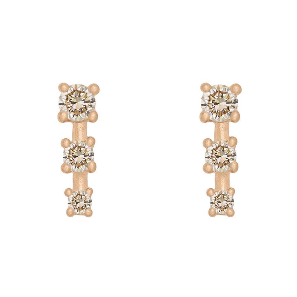 Champagne Diamond and Gold Mini Ear Climber Earrings - Unique Celestial Three Stone Studs Sinlge By Valley Rose Ethical Jewelry
