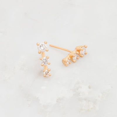 Ethical Diamond and Gold Mini Ear Climber Earrings - Unique Celestial Three Stone Studs Lab Diamond Sinlge By Valley Rose Ethical Jewelry