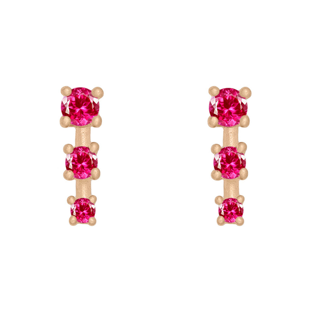 Pink Ruby and Gold Mini Ear Climber Earrings - Unique Celestial Three Stone Studs Sinlge By Valley Rose Ethical Jewelry