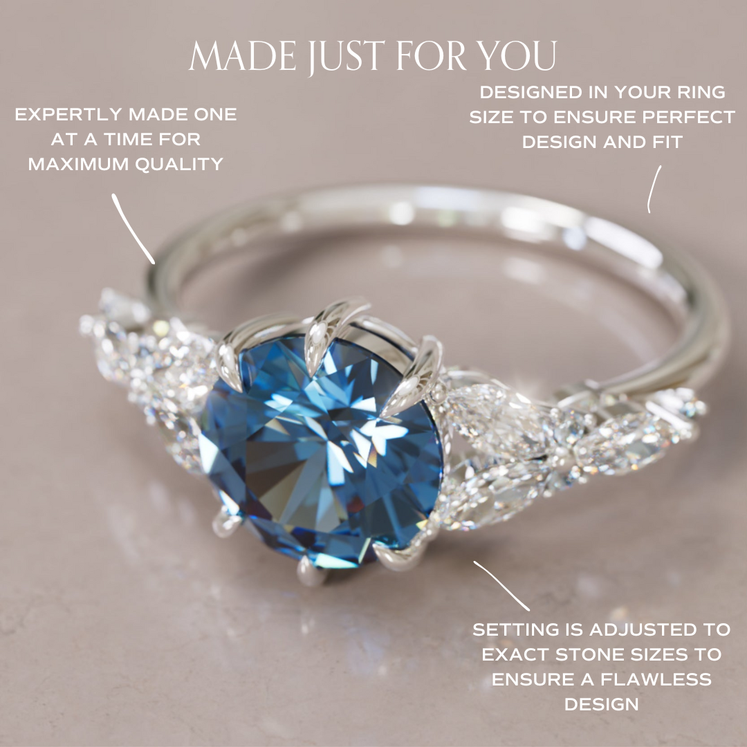 Dahlia Round Blue Sapphire Engagement Flower Ring Nature Inspired By Valley Rose