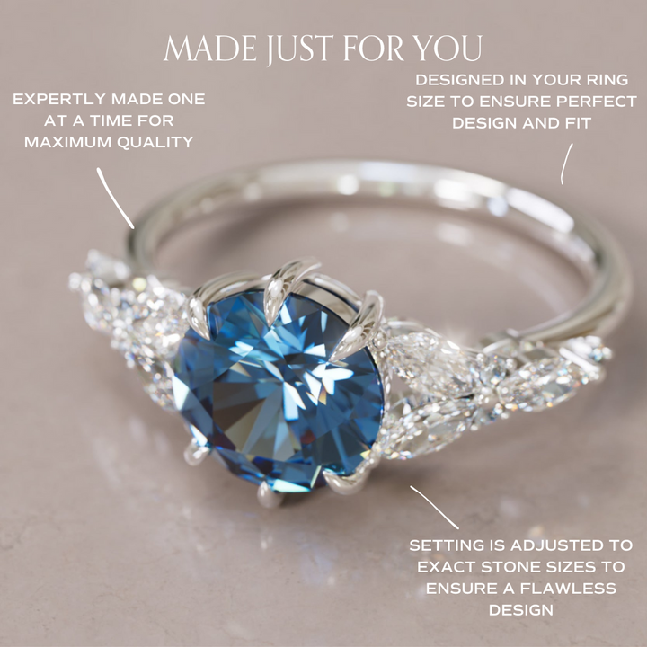 Dahlia Round Blue Sapphire Engagement Flower Ring Nature Inspired By Valley Rose