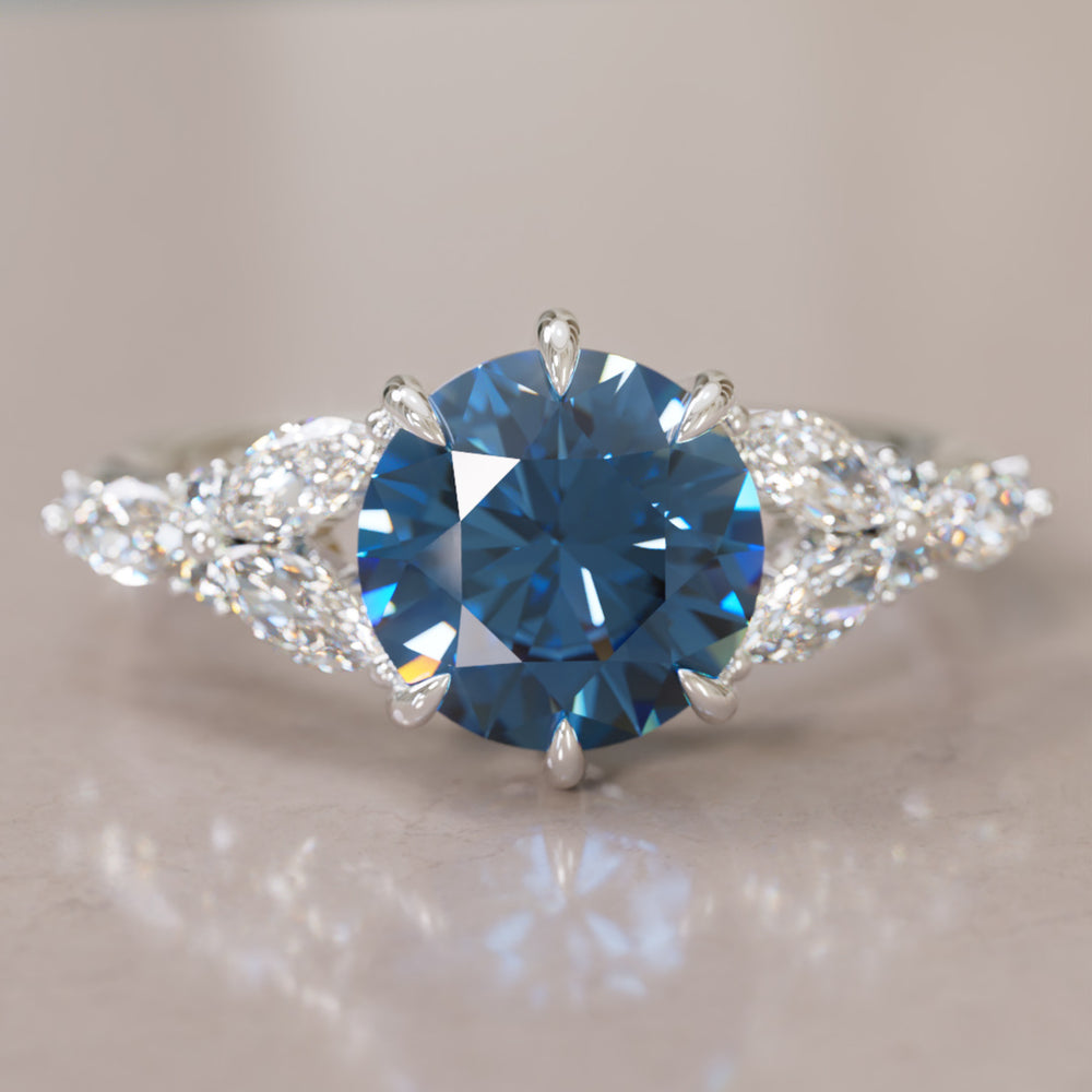 Dahlia Round Blue Sapphire Engagement Flower Ring Nature Inspired By Valley Rose