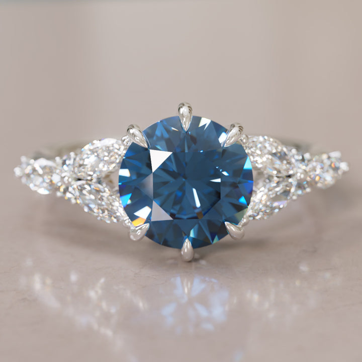 Dahlia Round Blue Sapphire Engagement Flower Ring Nature Inspired By Valley Rose