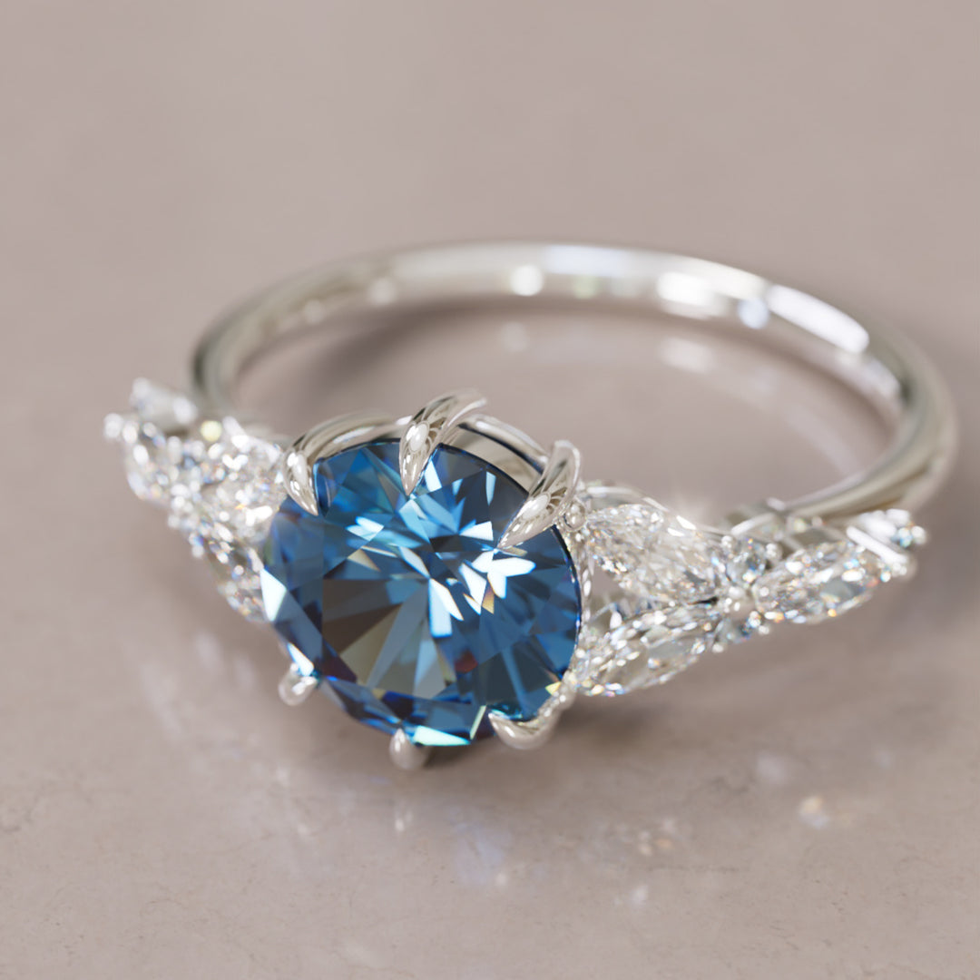 Dahlia Round Blue Sapphire Engagement Flower Ring Nature Inspired By Valley Rose