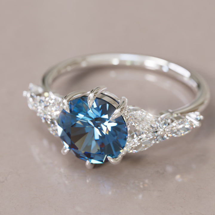 Dahlia Round Blue Sapphire Engagement Flower Ring Nature Inspired By Valley Rose