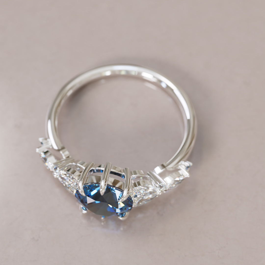 Dahlia Round Blue Sapphire Engagement Flower Ring Nature Inspired By Valley Rose