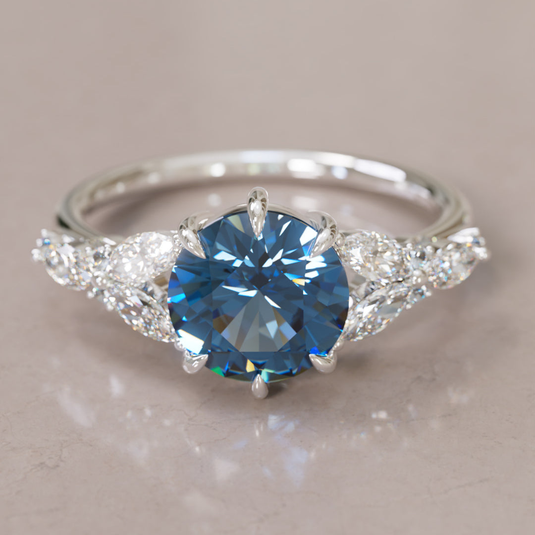 Dahlia Round Blue Sapphire Engagement Flower Ring Nature Inspired By Valley Rose