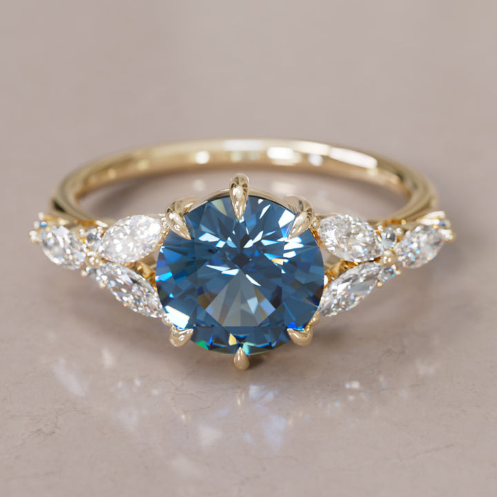 Dahlia Round Blue Sapphire Engagement Flower Ring Nature Inspired By Valley Rose