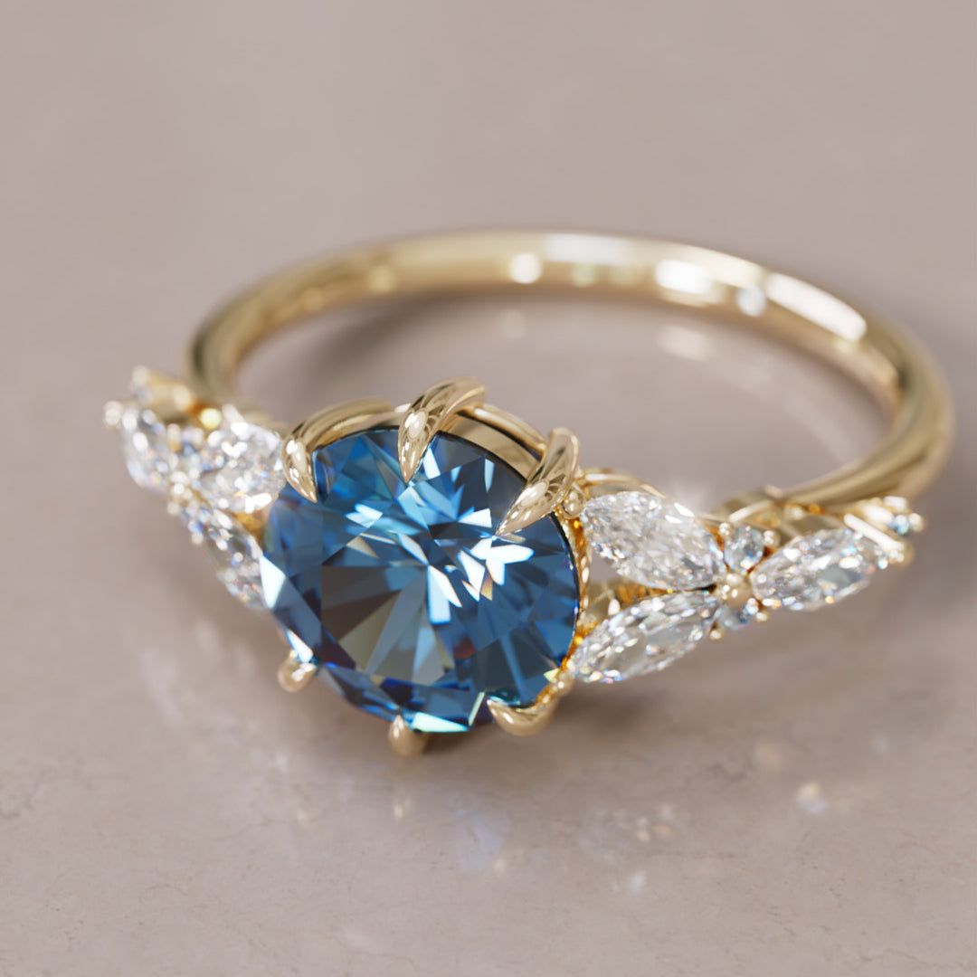 Dahlia Round Blue Sapphire Engagement Flower Ring Nature Inspired By Valley Rose