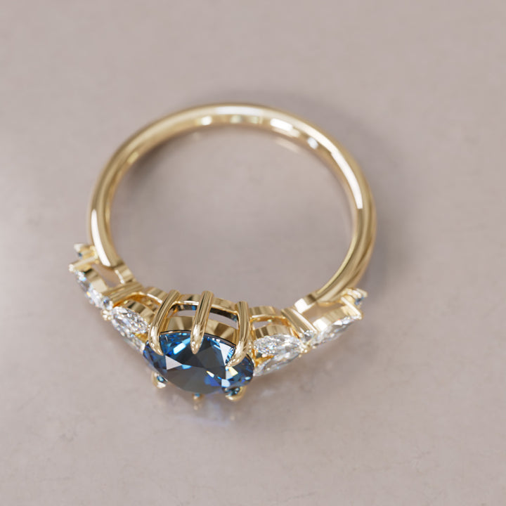 Dahlia Round Blue Sapphire Engagement Flower Ring Nature Inspired By Valley Rose