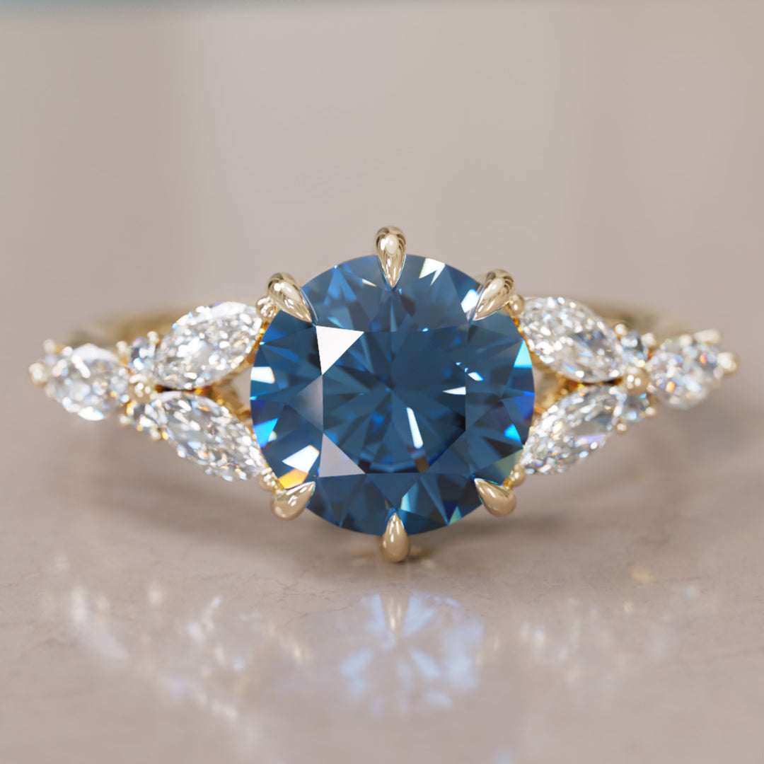Dahlia Round Blue Sapphire Engagement Flower Ring Nature Inspired By Valley Rose