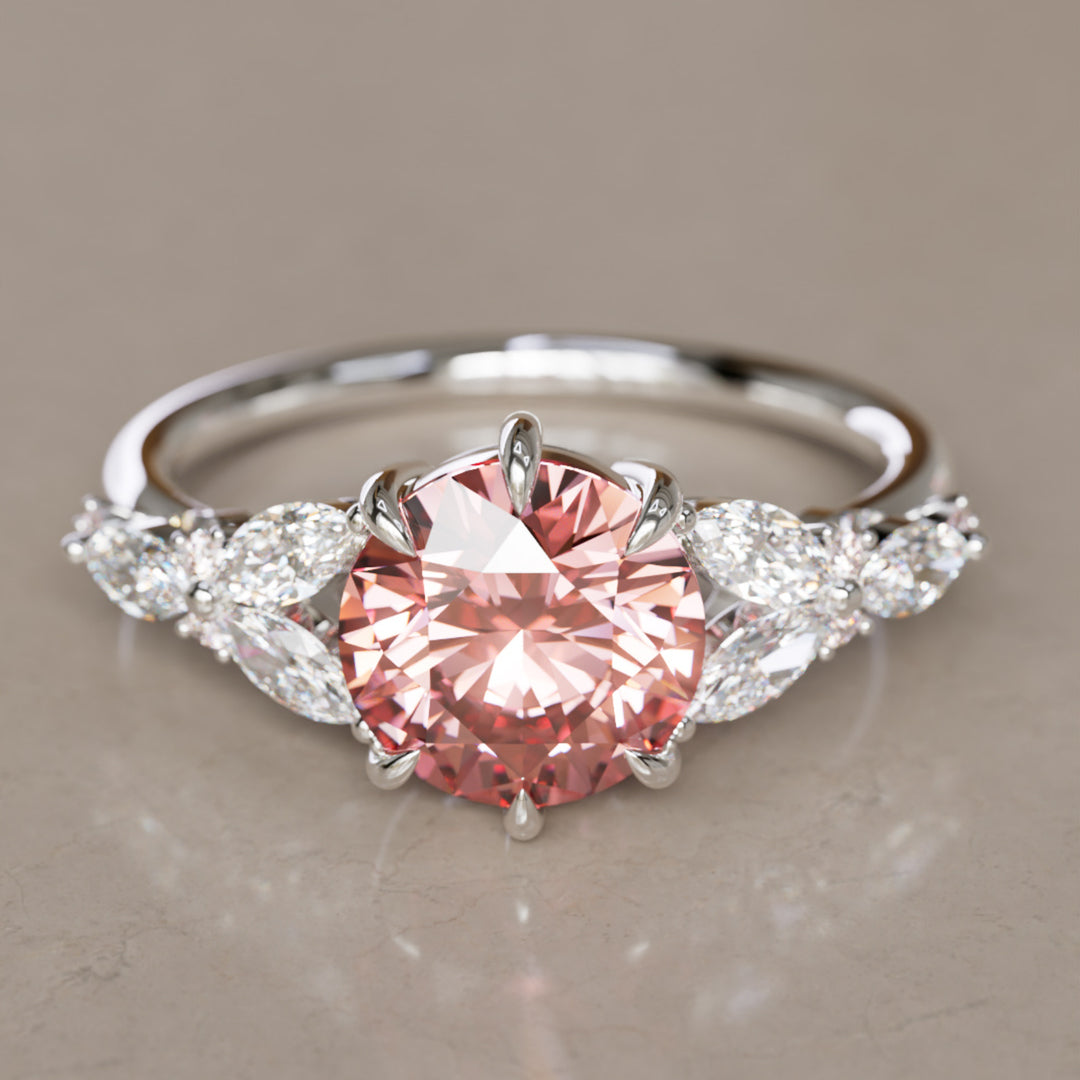 Dahlia Round Pink Lab Diamond Engagement Flower Ring Nature Inspired By Valley Rose
