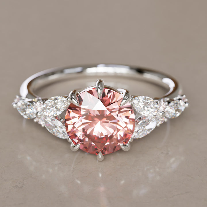Dahlia Round Pink Lab Diamond Engagement Flower Ring Nature Inspired By Valley Rose