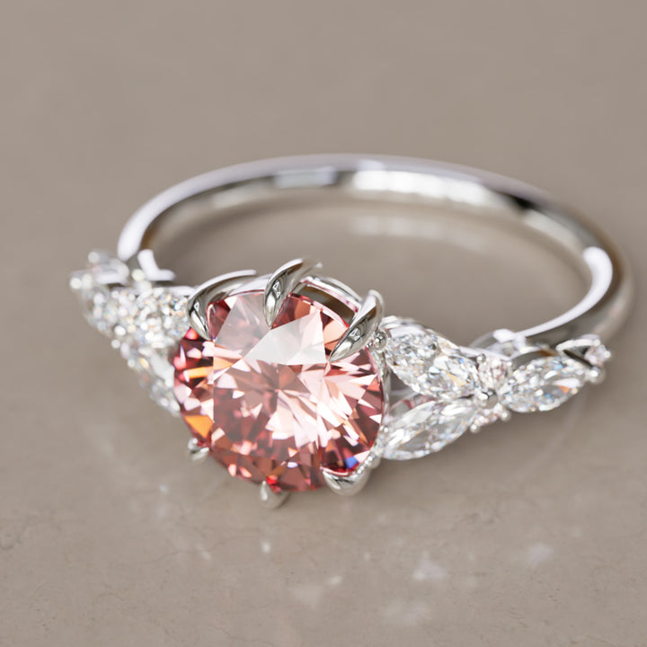 Dahlia Round Pink Lab Diamond Engagement Flower Ring Nature Inspired By Valley Rose
