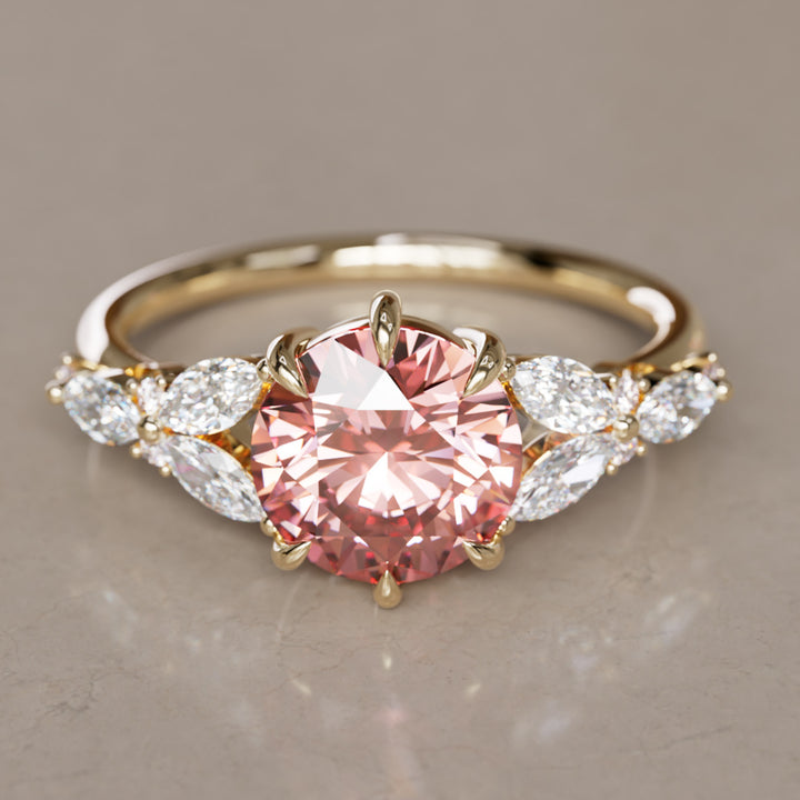 Dahlia Round Pink Lab Diamond Engagement Flower Ring Nature Inspired By Valley Rose