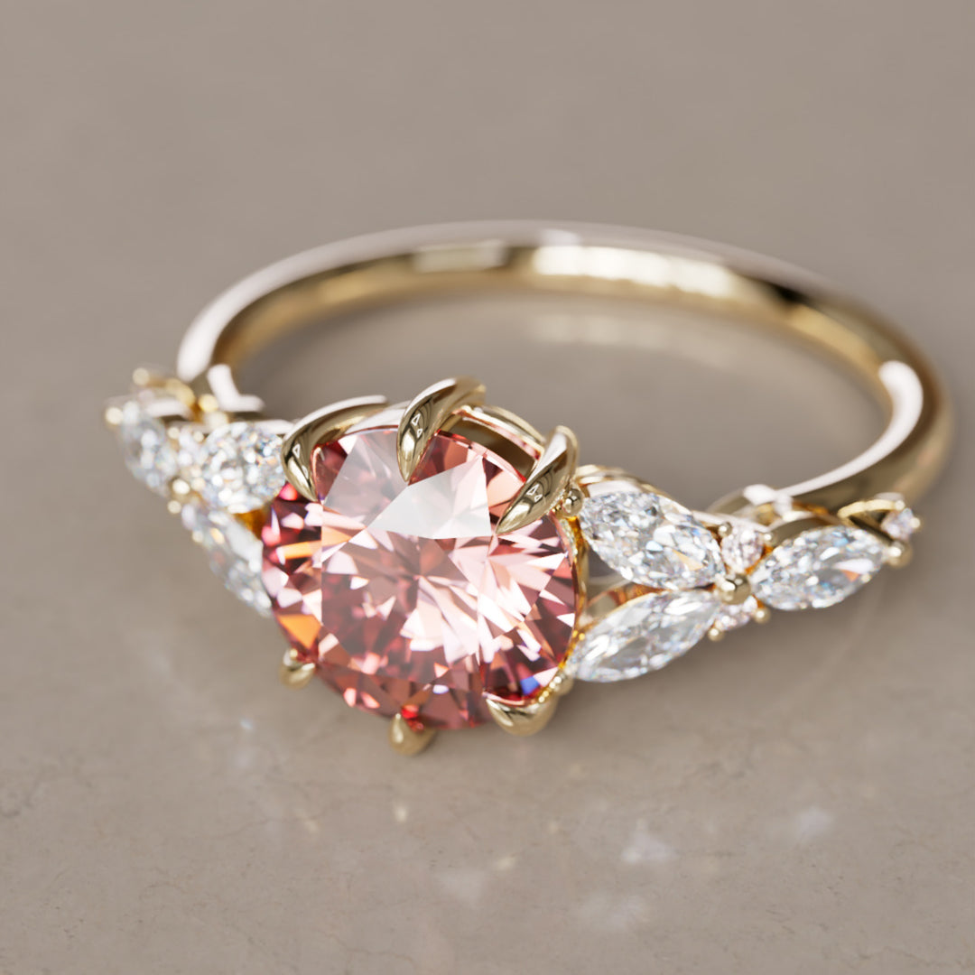 Dahlia Round Pink Lab Diamond Engagement Flower Ring Nature Inspired By Valley Rose