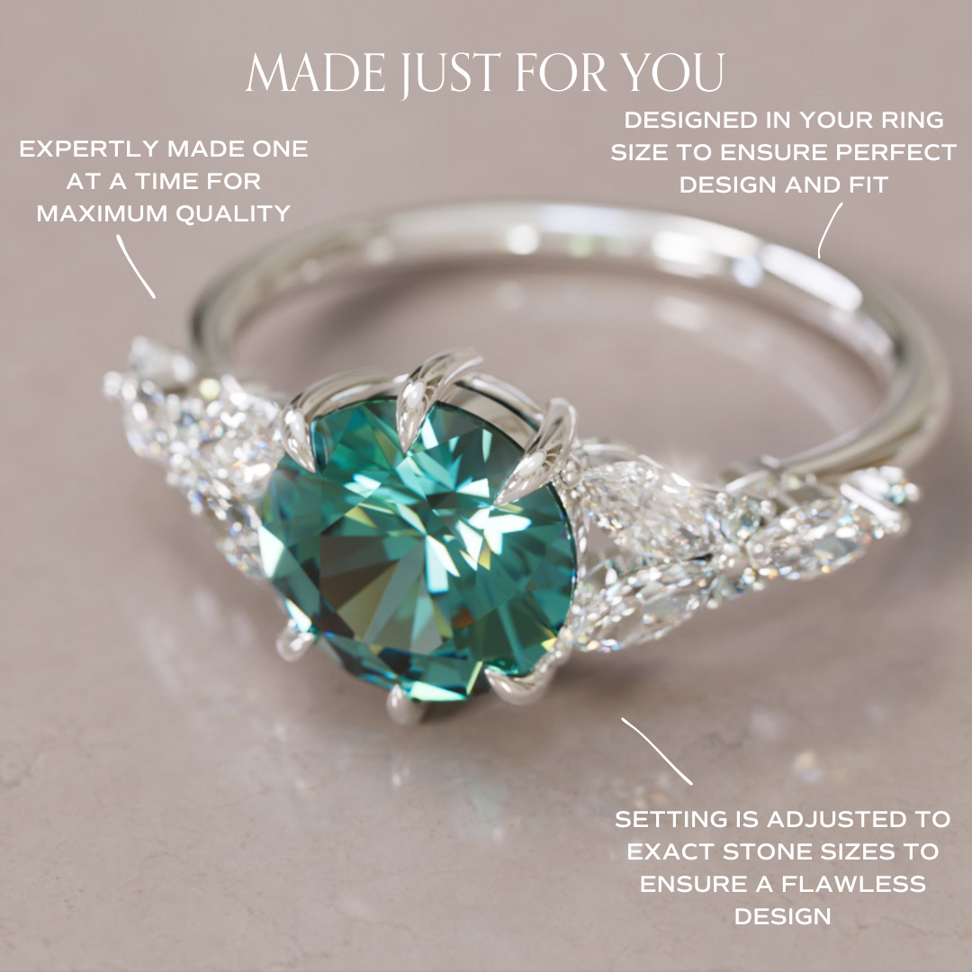 Dahlia Round Teal Sapphire Engagement Flower Ring Nature Inspired By Valley Rose