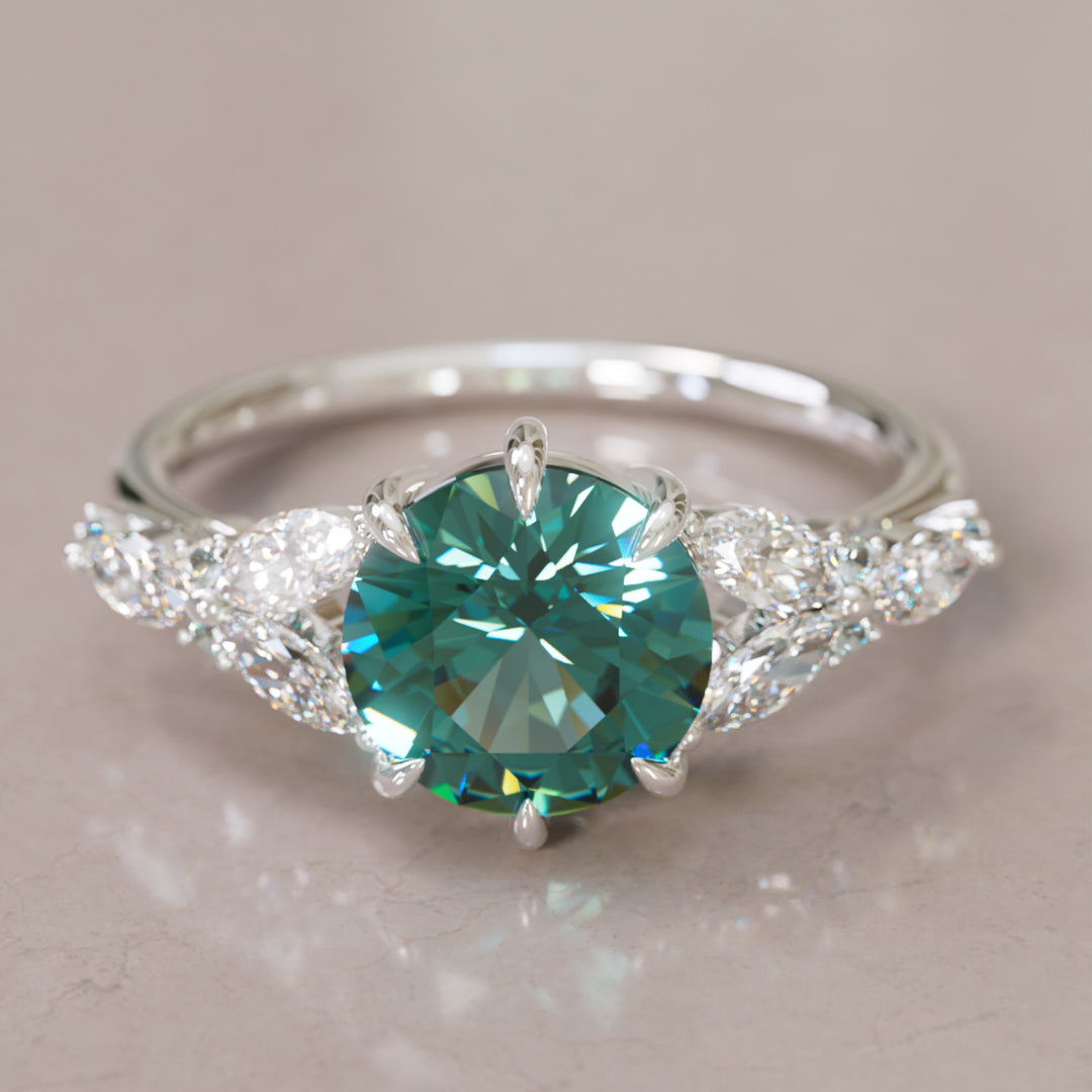 Dahlia Round Teal Sapphire Engagement Flower Ring Nature Inspired By Valley Rose