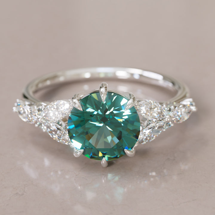 Dahlia Round Teal Sapphire Engagement Flower Ring Nature Inspired By Valley Rose