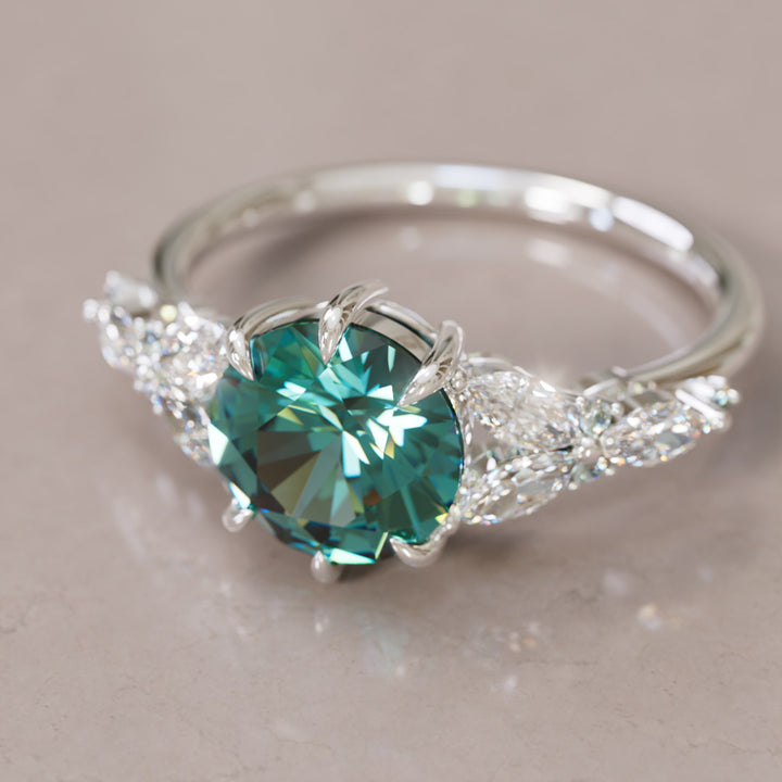 Dahlia Round Teal Sapphire Engagement Flower Ring Nature Inspired By Valley Rose