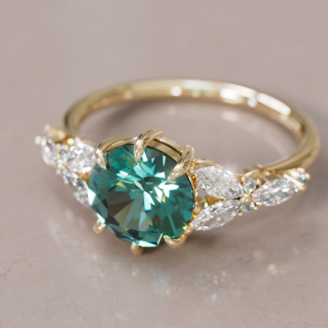 Dahlia Round Teal Sapphire Engagement Flower Ring Nature Inspired By Valley Rose