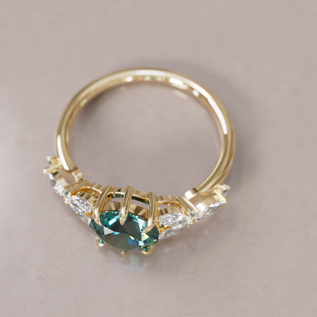 Dahlia Round Teal Sapphire Engagement Flower Ring Nature Inspired By Valley Rose