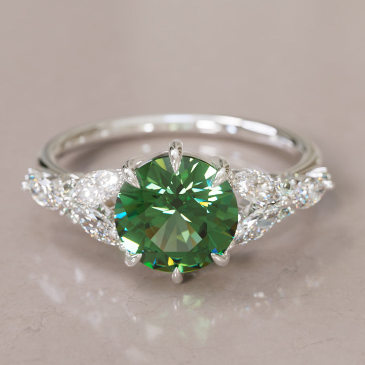 Dahlia Round Green Sapphire Engagement Flower Ring Nature Inspired