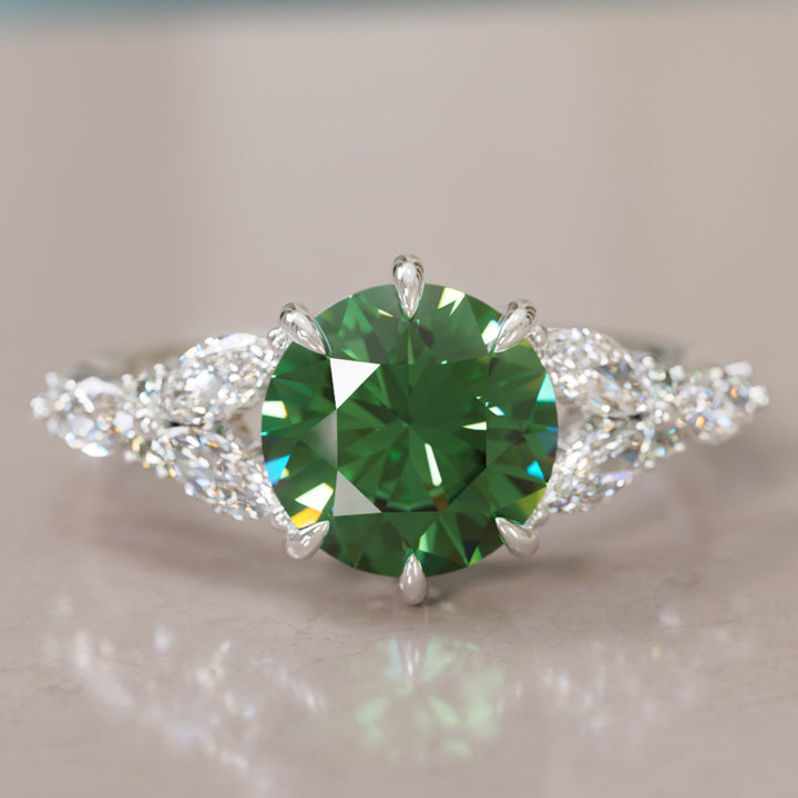 Dahlia Round Green Sapphire Engagement Flower Ring Nature Inspired