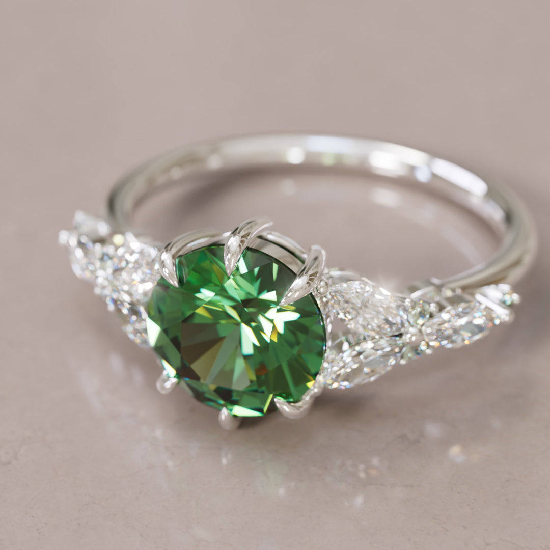 Dahlia Round Green Sapphire Engagement Flower Ring Nature Inspired