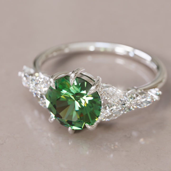 Dahlia Round Green Sapphire Engagement Flower Ring Nature Inspired