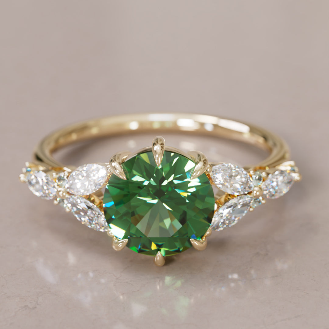 Dahlia Round Green Sapphire Engagement Flower Ring Nature Inspired