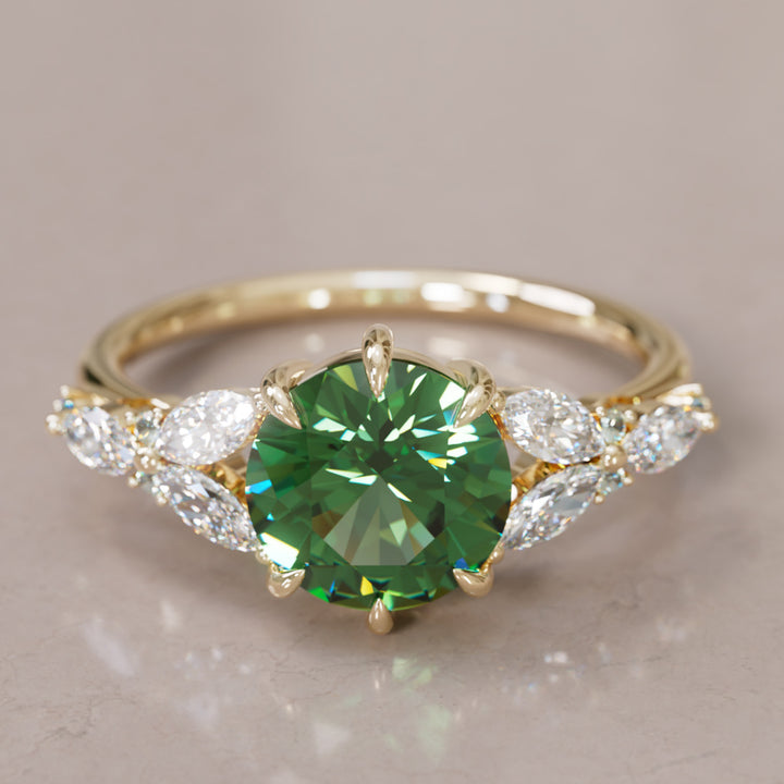 Dahlia Round Green Sapphire Engagement Flower Ring Nature Inspired