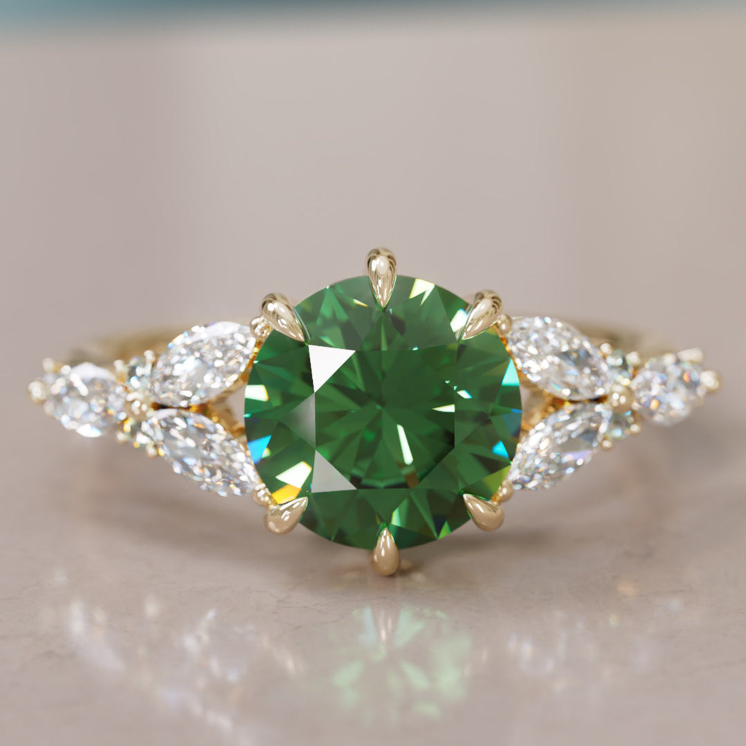 Dahlia Round Green Sapphire Engagement Flower Ring Nature Inspired