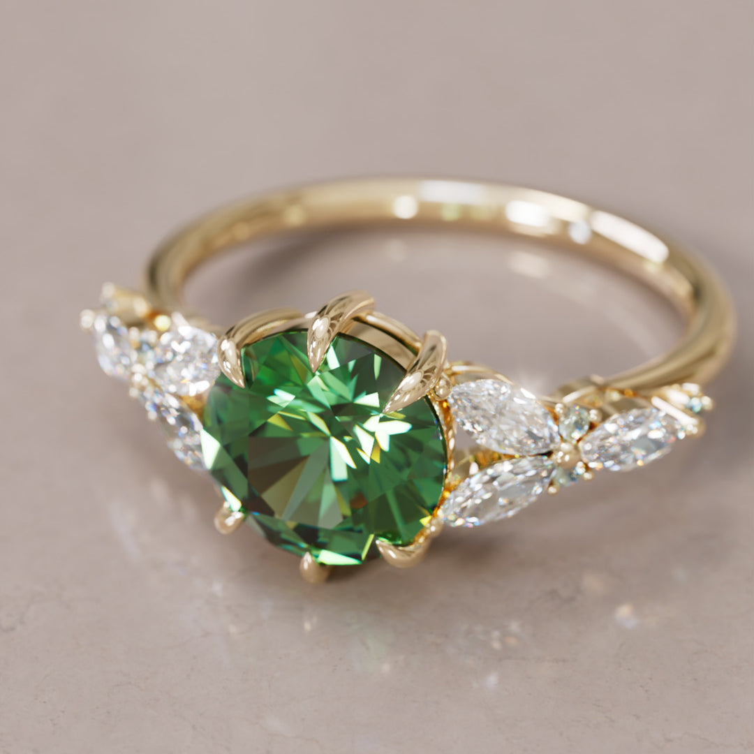 Dahlia Round Green Sapphire Engagement Flower Ring Nature Inspired