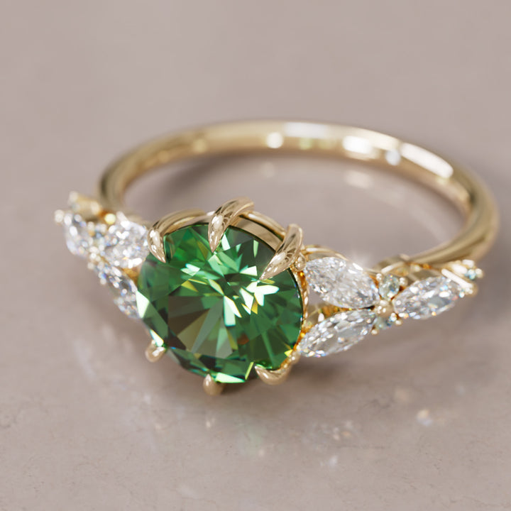 Dahlia Round Green Sapphire Engagement Flower Ring Nature Inspired