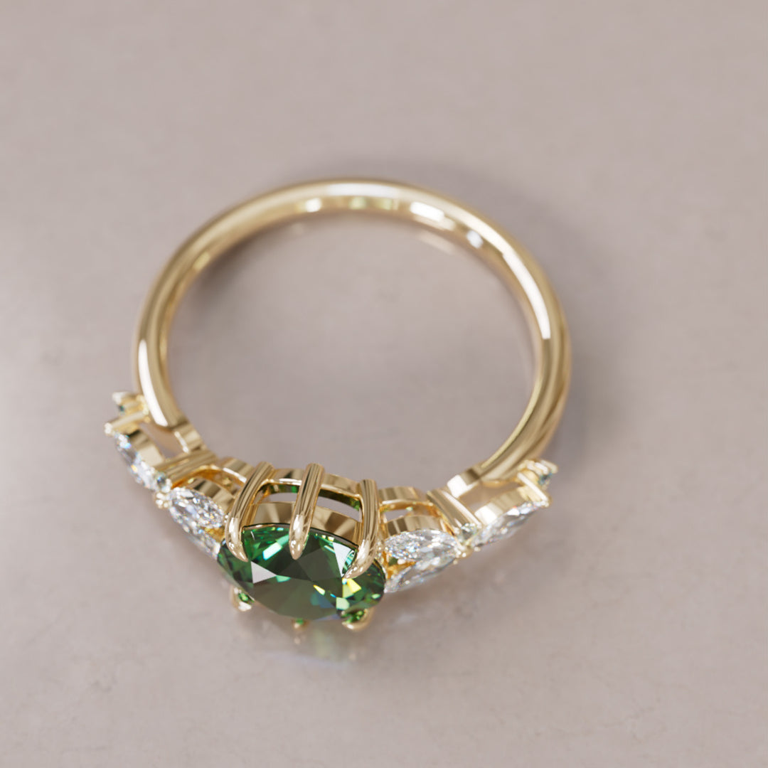 Dahlia Round Green Sapphire Engagement Flower Ring Nature Inspired