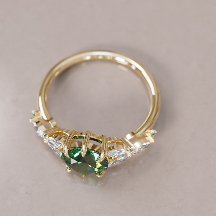 Dahlia Round Green Sapphire Engagement Flower Ring Nature Inspired