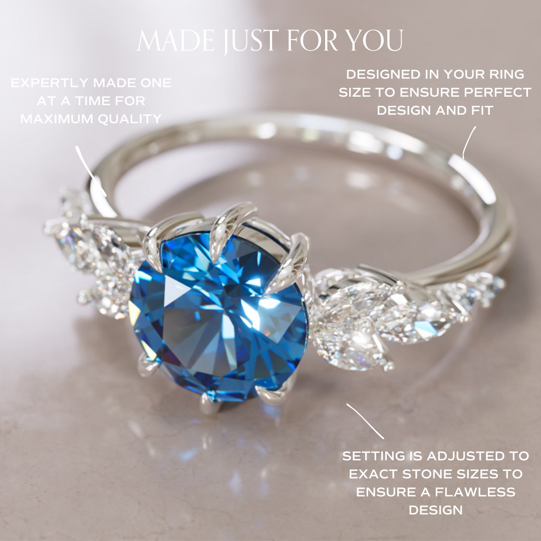 Daisy Round Blue Sapphire Engagement Flower Ring Nature Inspired By Valley Rose