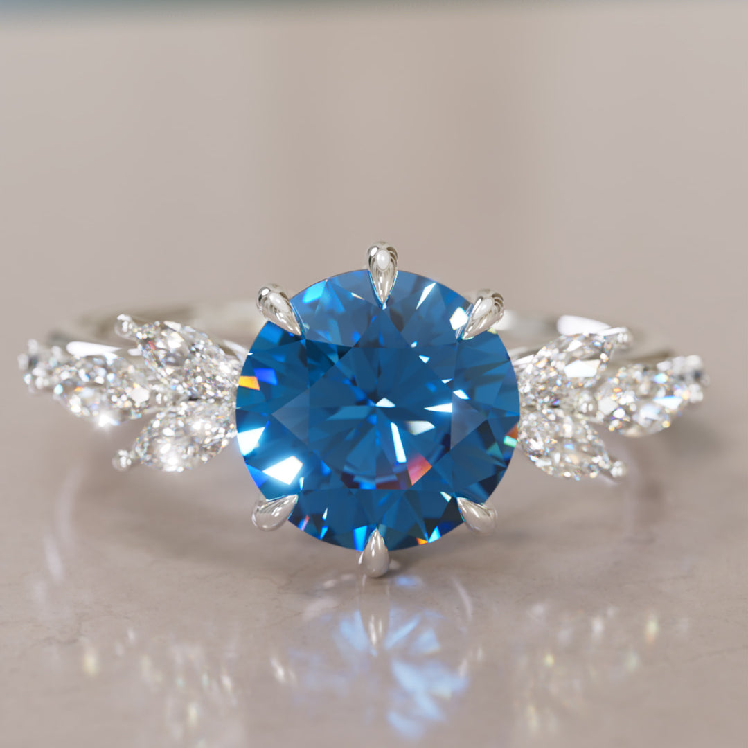 Daisy Round Blue Sapphire Engagement Flower Ring Nature Inspired By Valley Rose