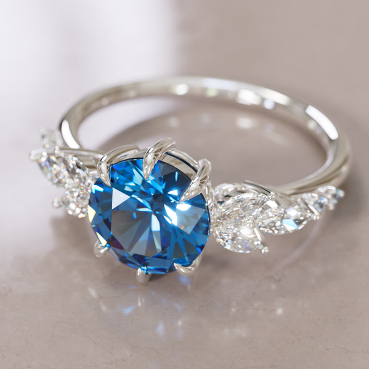 Daisy Round Blue Sapphire Engagement Flower Ring Nature Inspired By Valley Rose