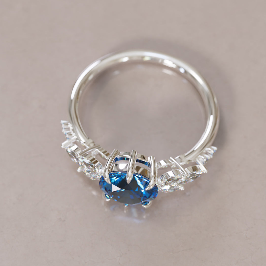 Daisy Round Blue Sapphire Engagement Flower Ring Nature Inspired By Valley Rose