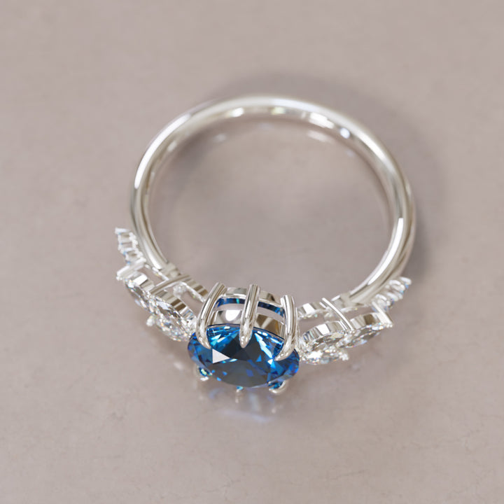 Daisy Round Blue Sapphire Engagement Flower Ring Nature Inspired By Valley Rose